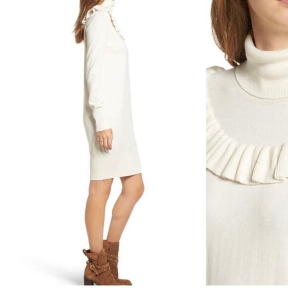 Leith NWT Womens Dress Ivory Long Sleeve Knit Turtleneck Ruffle Yoke XS SoftGirl - Picture 3 of 11